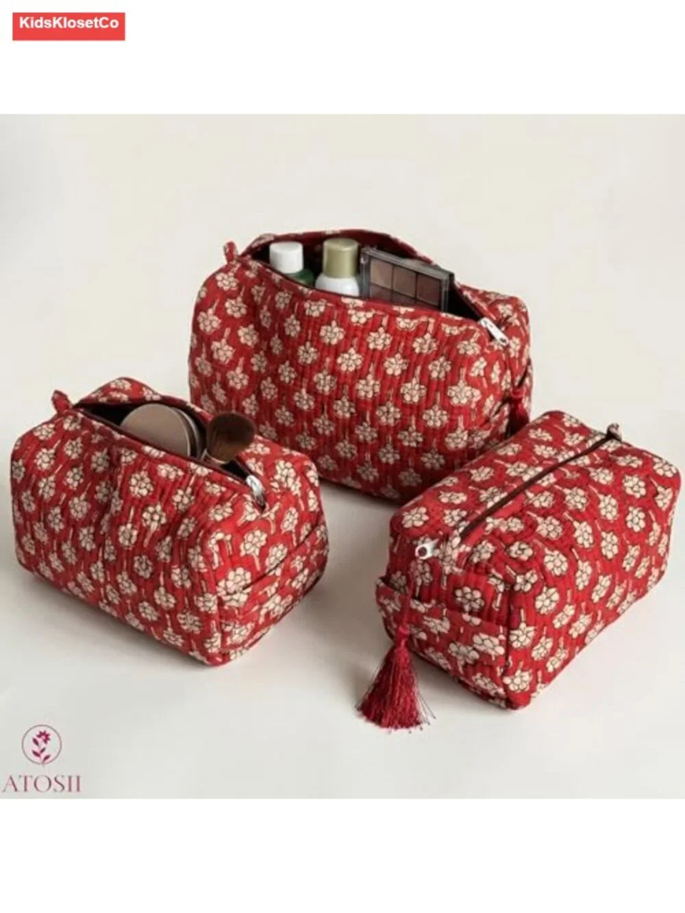 3-Piece Quilted Cotton Waterproof Toiletry Bag Set with Block Print Design for
